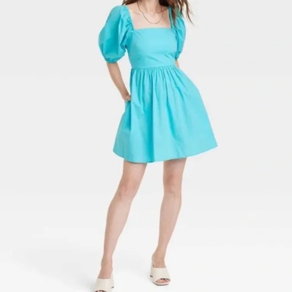 Turquoise Puff Sleeve Open Back Mini Dress | Square Neck Babydoll